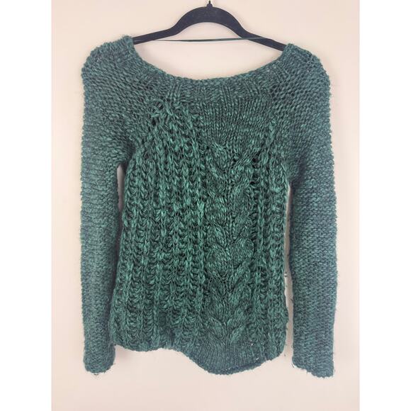 Free People Womens Chunky Cable Knit Wool Mohair Long Sleeve Green Sweater XS - Picture 2 of 8